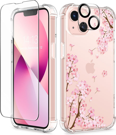 GVIEWIN Designed for iPhone 13 Case 6.1 Inch, with Tempered Glass Screen Protector + Camera Lens Protector Clear Flower Soft & Flexible Shockproof...