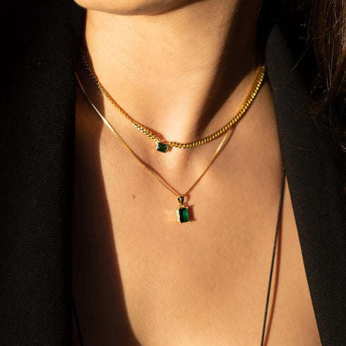 espere Baguette CZ Necklace | Emerald Cut Pendant Cuban Link Chain Choker 14'' with 2'' Extender...