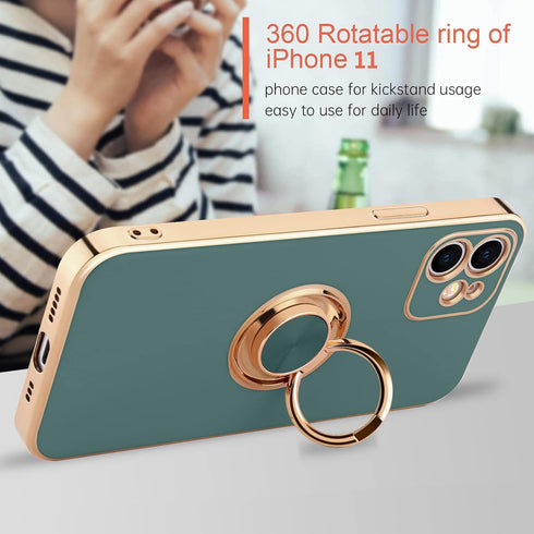 for iPhone 11 Phone Case with 360° Rotatable Finger Ring Holder Kickstand Magnetic Shiny Gold Plated Edge for Women Men Shockproof Soft TPU Protec...