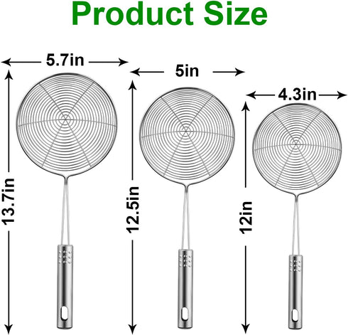 Spider Strainer Set of 3 Asian Strainer Ladle Stainless Steel Wire Skimmer Spoon with Handle for Kitchen Frying Food, Pasta, Spaghetti, Noodle-30....