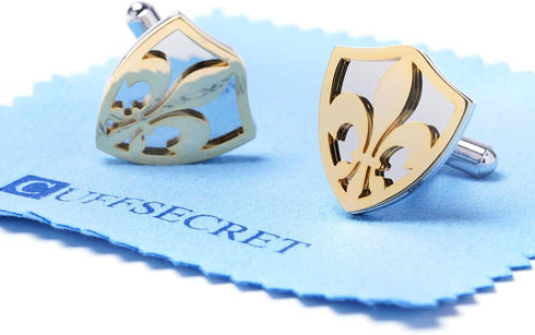 3D Cut Fleur-de-Lis Cufflinks, Stainless Steel with Gold Accents (Cufflinks Box Included)...