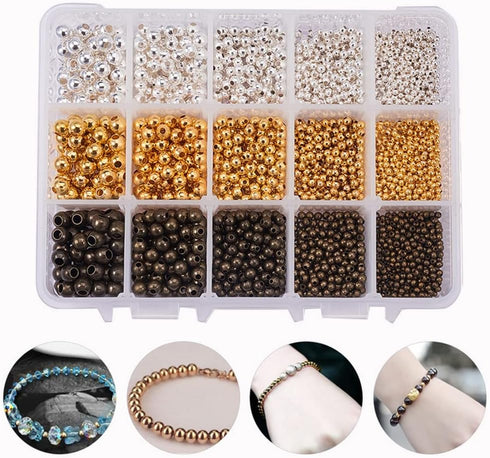 PH PandaHall 2700pcs Round Spacer Beads Smooth Beads 2.4/3/4/5/6mm Tiny Metal Brass Beads Loose Beads Waist Beads for Layered Bracelet Necklace Je...
