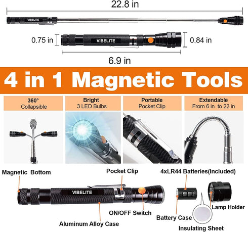 Magnetic Pickup Tool and 6 in 1 Multitool Pen with Touch Screen Stylus, Rulers, Bubble Level, Flathead, Phillips Screwdriver, Ballpoint Pen, Fathe...