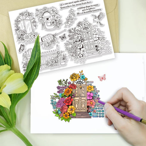 Door Fence Landscape Clear Stamps Large Size Flower Bird Cage Silicone Stamp Garden Blooming Scenery Stamps for Card Making DIY Scrapbooking Photo...
