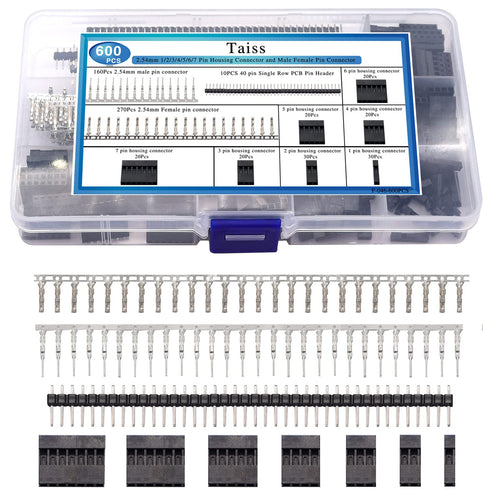 Taiss 600PCS Dupont Connector Kit 2.54mm 1/2/3/4/5/6/7 Pin Housing Connector and Male Female Crimp Pin,Dupont Crimp Pin Adaptor Assortment,Jumper ...