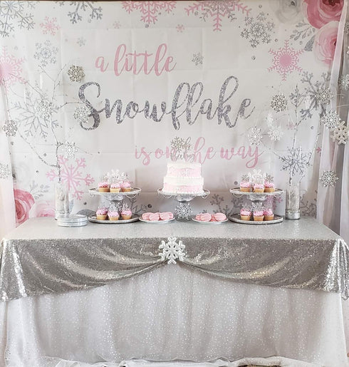 Mocsicka Snowflake Baby Shower Backdrop - Winter Wonderland Photography Background - Pink & Silver Snowflakes - 7x5ft (82x60 inch)...