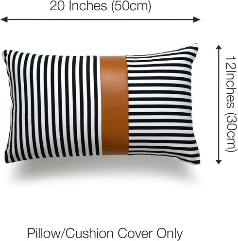 Hofdeco Faux Leather and 100% Cotton Pillow Cover Only, Camel Black Modern Design Stripes, 12"x20"...