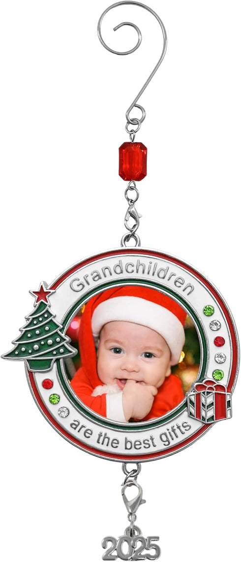 Grandchildren Photo Christmas Ornament - Dated 2025 Charm - Red White and Green Enameled and Jeweled Accents - Grandkids Picture Xmas Ornaments fo...