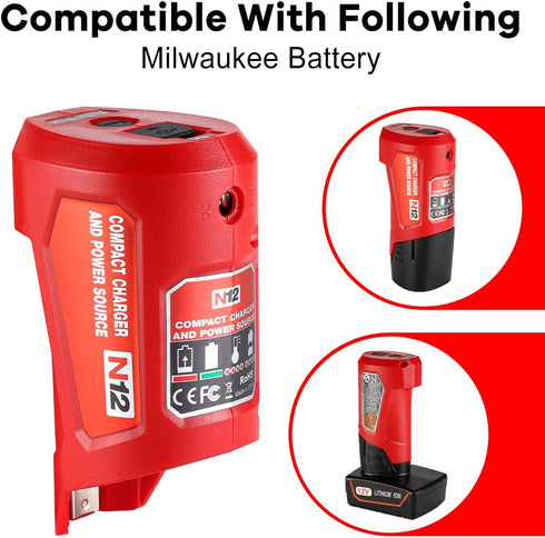 M12 Power Source Replacement for Milwaukee 12V Battery with with 2.1A Wall Plug, USB Port & DC 12V Outlet Portable Heated Jacket Battery Adapter f...
