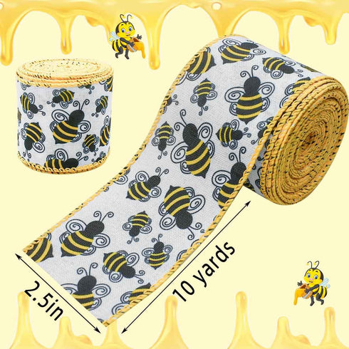 10 Yards Bee Wired Edge Ribbon Bumble Bee Burlap Ribbon Polyester Fabric Summer Bee Decorative Ribbons for Gift Wrapping DIY Craft Party Decoratio...