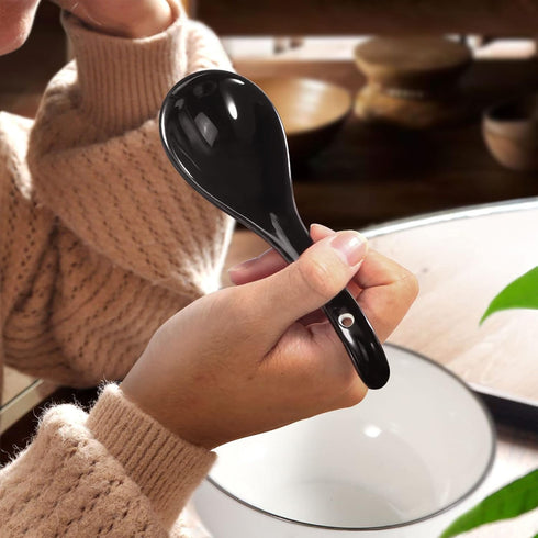 Black Ceramic Soup Spoons Set, 6.75 inch Deep Oval Hook Design, Dishwasher Safe - Perfect for Ramen, Pho, Noodles, Stews, Wonton, Dumpling, Miso...