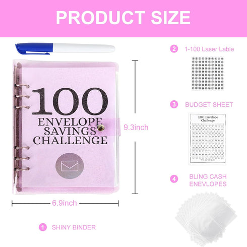 Whaline 100 Envelopes Money Saving Challenge Binder Kit, Easy and Fun Way to Save $5,050, Purple Clear Saving Budget Book with Cash Envelopes, Sti...