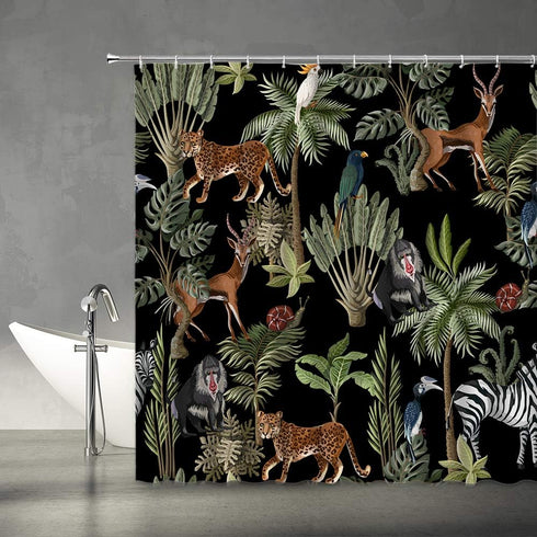 AMFD Jungle Animals Shower Curtain Cheetah Zebra Monkey Antelope Green Tropical Forest Palm Tree Leaves Wildlife Theme Fabric Bathroom Curtains De...