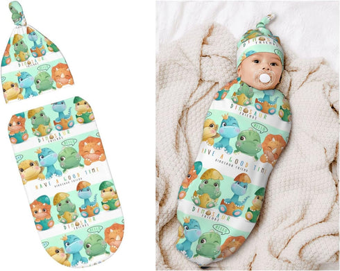 Cartoon Dinosaur Friends Baby Stuff Newborn Swaddle and Hat Set Stretchy Soft Cute Dino Baby Receiving Blanket Gifts for Infant Baby Boy Girl...