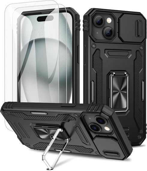 Maxdara for iPhone 15 Case, with Slide Camera Cover & Built-in Rotating Kickstand Ring & Front Glass Screen Protector Phone Case for iPhone 15 6.1...