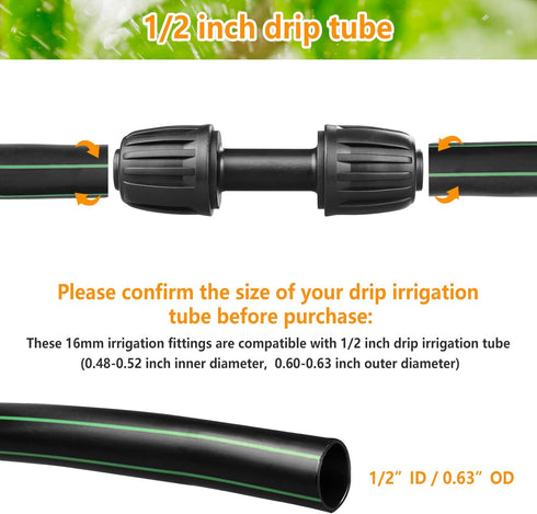 Drip Irrigation Fittings for 1/2 inch Tubing (0.60"-0.63" OD), 12 Pieces Barbed Coupling Drip Parts Locked Coupler Connectors, Drip Line Nuts Conn...