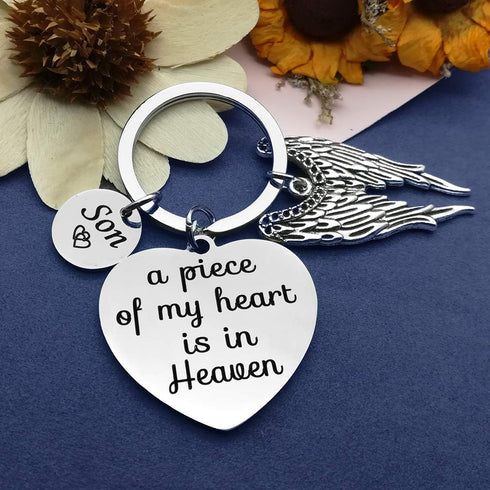 Vadaka Memorial Keychain A Piece of My Heart Is in Heaven Son Memorial Jewelry Gifts Miscarriage Remembrance Gift Loss of Son Keychain Sympathy Gi...