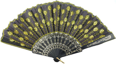 INNOLIFE Elegant Colorful Embroidered Flower Peacock Pattern Sequin Fabric Folding Handheld Hand Fan Hand-Crafted (Full Set - 6pcs Mixed Colors)...