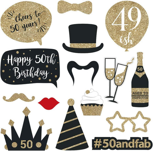 Fully Assembled 50th Birthday Photo Booth Props - Set of 30 - Black & Gold Selfie Signs - 50th Party Supplies & Decorations - Cute Bday Designs wi...