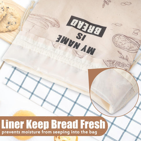 Bread Bags for Homemade Bread, Organic Linen Bread Bag with Plastic Liner, Bread Storage Bags with Drawstring Closure for Sourdough, Loaf, Artisan...