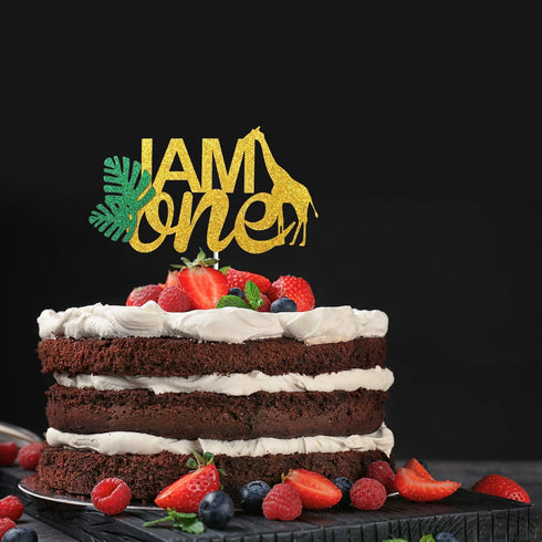 I AM ONE Birthday Cake Topper - Real Wild Child First Birthday - Smash Jungle Safari Animals Gifaffe Cake Décor - Baby Shower Welcome Baby Party D...