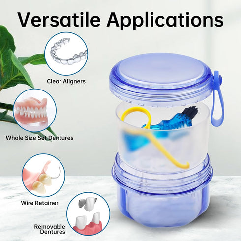 No Leak Partial Denture Case Retainer Bath Box Cup, Denture Soaking Cup False Teeth Holder Box Case with Strainer Basket and Brush - Transparent B...