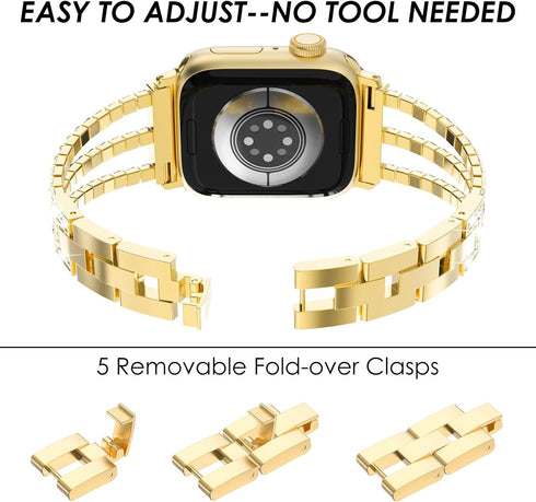 Surace Gold Apple Watch Bands 45mm for Women Series 9 8 7, Bling Diamond Rhinestone Link Bracelet with 2 in 1 Waterproof Bling Case Lace Edge Diam...