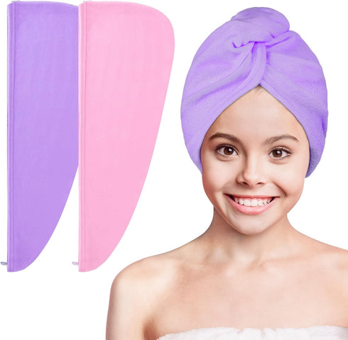 Basumee Microfiber Hair Towel Wrap for Kids, 2 Pack Hair Wrap Towels Drying Towel Wrap for Women Girls Hair Turban Towel for Wet Hair Wraps, Pink ...