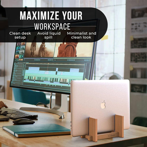 Kothar Wooden Vertical Laptop Stand for Desk, Vertical Laptop Holder, Bamboo, Desktop Dock for Apple MacBook, Microsoft Surface, iPad, Tablets and...
