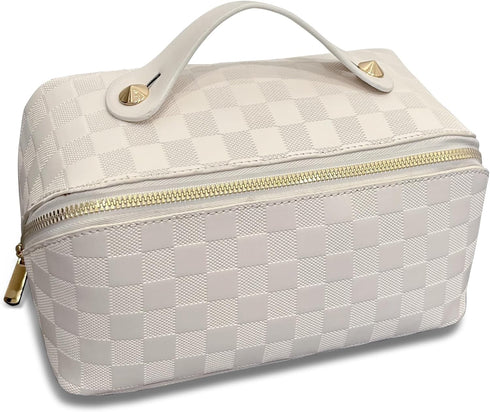 Travel Makeup Bag Large Capacity Cosmetic Bags for Women Organizer Checkered Bag (Square White)...