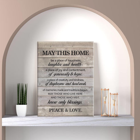 New Home Wall Art May This Home Be a Place of Happiness Canvas Print Inspirational Quote Framed Painting for Home Wall & Tabletop Decor Housewarmi...