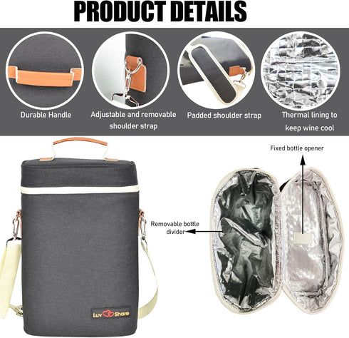 Wine Carrier Tote, Insulated Leakproof Wine Cooler Bag, Wine Travel Bag Tote for Picnic BYOB Restaurant Beach, Padded Portable Wine Bottle Carrier...