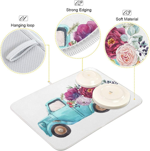 ALAZA Blue Trolley Truck Purple Rose Flower Dish Drying Mat for Kitchen Ccounter Absorbent Microfiber Small Drying Pad Dish mats for Kitchen Count...