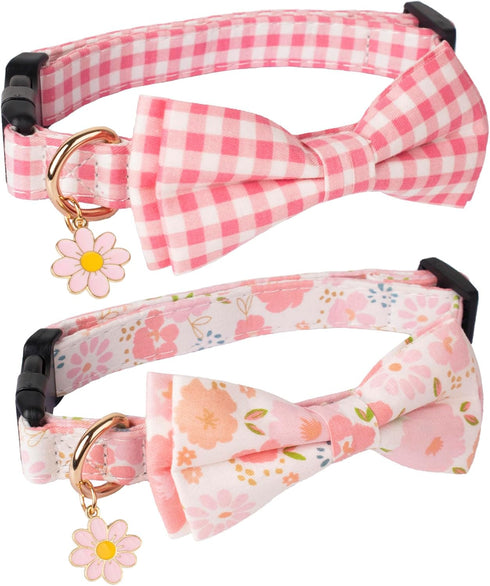 ADOGGYGO Pink Floral Dog Collar with Bow, Adjustable Pink Plaid Dog Collars with Removable Bowtie Pet Pink Flower Collars for Small Medium Large G...