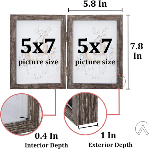 AEVETE 5x7 Double Picture Frames Hinged Wood Folding Picture Frames Vertically Display, Real Glass Front, Gray...