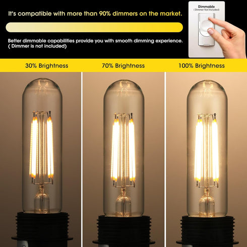 Dimmable E26 Edison Bulb, AC120V Warm White 2700K Light Bulbs, 6W, Equivalent 60W, 750LM, 5 Inch Long Tubular T10 LED Bulbs for Rustic Pendant, Ch...