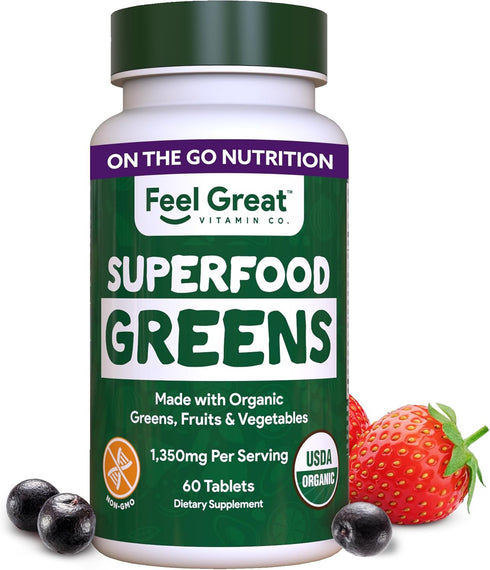 Feel Great Vitamins Super Greens Tablets | Organic Greens, Fruits and Veggies Supplement | Fruit and Veggie Supplement with Kale, Spinach Extract,...