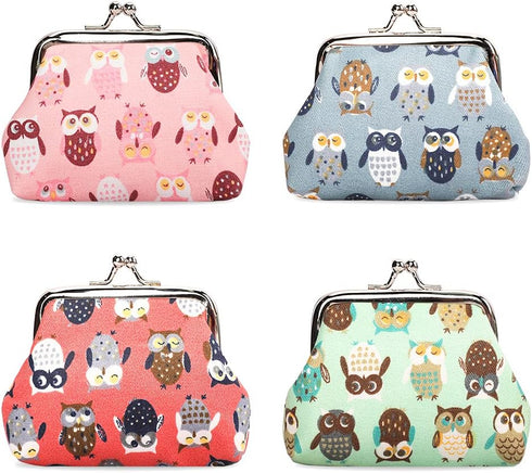Oyachic 4Pcs Cute Owl Coin Purse Buckle Change Pouch Small PU Leather Wallet Kiss Lock Clasp Clutch Animal Bag Vintage Car Key Holder for Girls Wo...