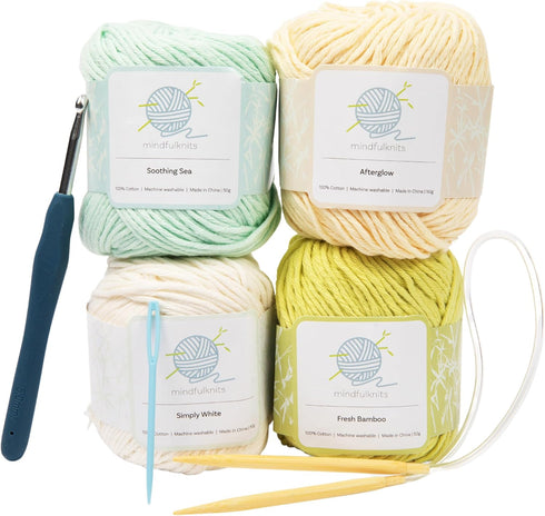 mindfulknits Knitting Kit for Beginners Adults with Knitting Needles, Yarn Needle & 100% Cotton Knitting Yarn (4) – Make Washcloths - Zen Basic Kn...