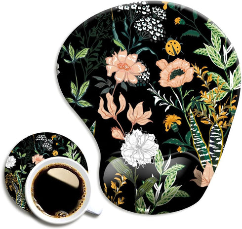 Ergonomic Mouse Pad with Wrist Support, Cute Mouse Pads with Non-Slip PU Base for Home Office Working Studying Easy Typing & Pain Relief Black Flo...