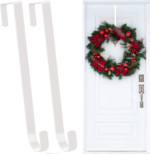 2 Pack Solid Wreath Hanger for Front Door Window Wreath Hooks Holder Over The Door Metal Hook Hangers (White, 12 inch)...