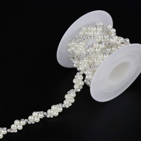 Jerler 1 Yard Pearl Rhinestone Trim, Inlaid Pearl Beaded Chain, Crystal Applique Ideal for DIY and Wedding Party Decoration Bridal Embellishments,...