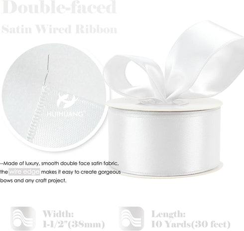 HUIHUANG White Satin Wired Ribbon 1-1/2 inch White Double-faced Satin Wire Ribbon for Bows Making, Wreaths, Gift Wrapping, Holiday Home Decor, Cra...
