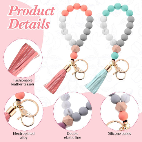 Tondiamo 6 Pcs Silicone Wristlet Keychain for Women Cute Car Key Ring Bracelet Beaded Bangle Chains with Leather Tassel...