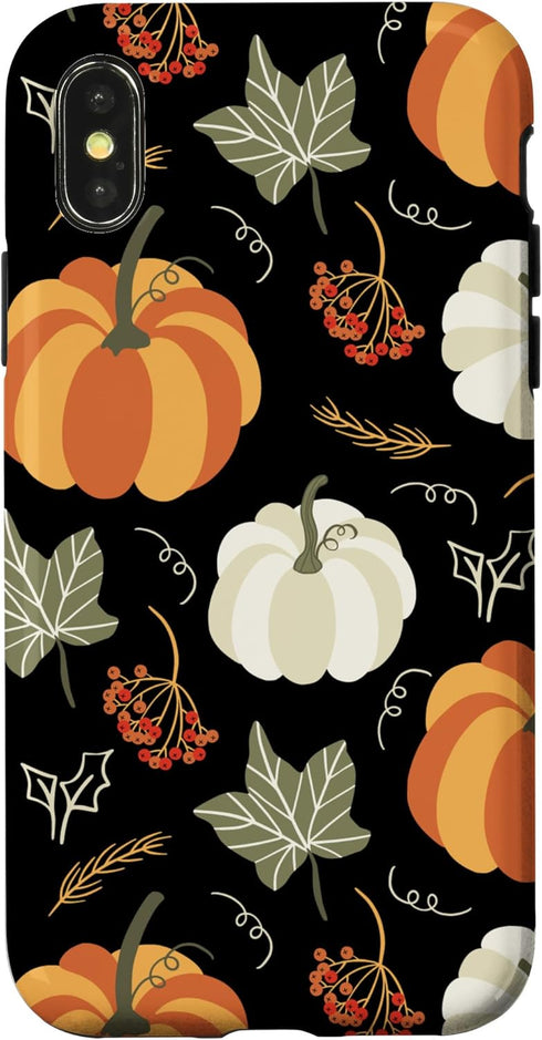 iPhone X/XS Autumn falling leaves and pumpkin spice harvest happy fall Case...