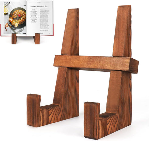 Cookbook Stand for Kitchen - 8.8 inch Wooden Cookbook Holder for Kitchen Counter, Multifunctional recipe book stand?Rustic Brown Recipe Book Holde...