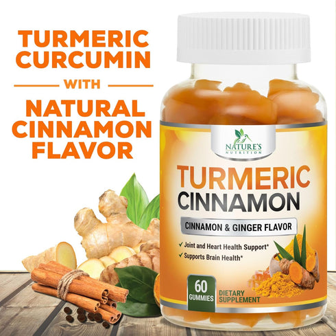 Turmeric Curcumin with Cinnamon & Ginger Gummies 95% Curcuminoids Black Pepper for Max Absorption Joint Support, Nature's Tumeric Herbal Extract S...