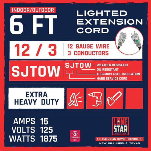Lone Star Oil Resistant 12 Gauge Extension Cord 6 Ft, 12/3 SJTOW Flame Retardant Heavy Duty Extension Cord Outdoor for Farms & Ranches, 15 AMP Pow...