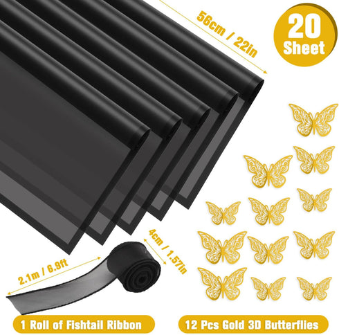 ROADPLUM 20 Sheet Black Flower Wrapping Paper, Bouquet Wrapping Paper with 12 Butterflies and 1 Ribbon for Diy Bouquet, Flower Paper Wrap Kit for ...