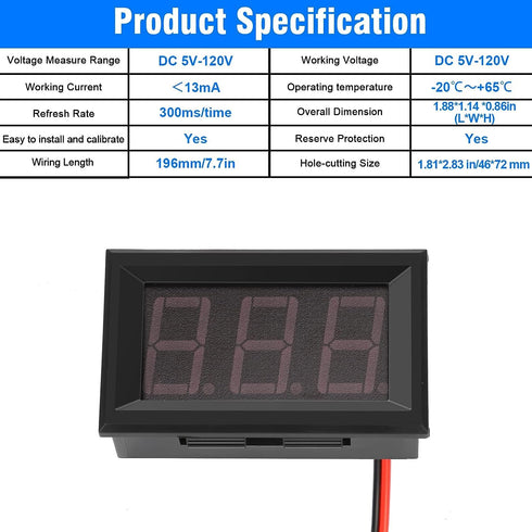 5 Pack DC 5~120V Digital Mini Voltmeter Voltage Display, SUNJOYCO 0.56" LED Display Panel Voltage Tester Meter, Car Motorcycle Battery Monitor Vol...
